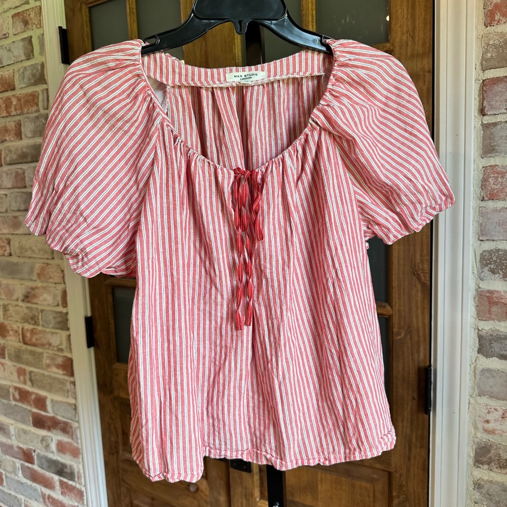 Max Studio Top Women XS Red Striped Puff Sleeve Cotton Tie Neck Blouse Coastal